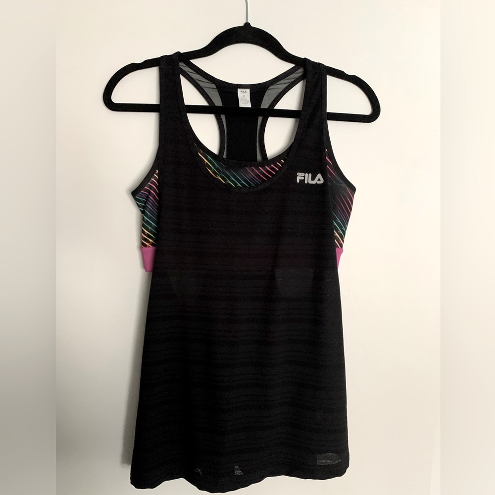 Fila Workout Top with Built in Sports Bra, Multicolored/Black, Breathable Fabric